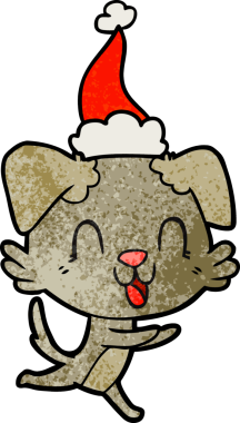 Gülen el çizimi bir insan tarafından çizilmiş Noel Baba şapkası takan bir köpek.