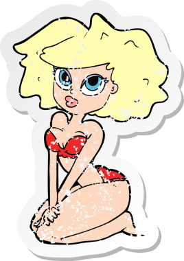 Bir insan tarafından çizilmiş bikini giyen bir karikatür kadının gerilimli retro çıkartması.