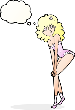 Bir insan tarafından çizilmiş düşünce balonlu iç çamaşırlı bir kadın.