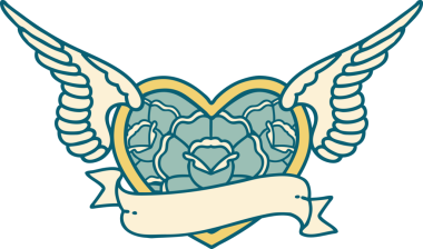 Bir insan tarafından çizilmiş çiçek ve bayrak ile uçan bir kalbin ikonik dövme görüntüsü