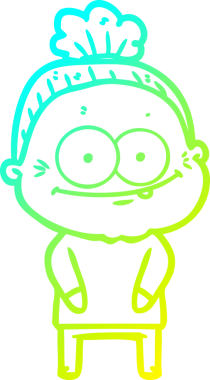 Bir insan tarafından çizilmiş, mutlu, yaşlı bir kadının çizimi.