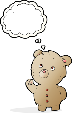 Bir insan tarafından çizilmiş düşünce balonlu oyuncak ayıyı sallayan çizgi film.