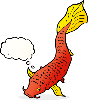 Bir insan tarafından çizilmiş düşünce baloncuklu çizgi film balığı.