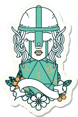 Ağlayan bir elf savaşçı karakterinin çıkartması. Doğal bir insan tarafından çizilmiş bir D20 rulo.