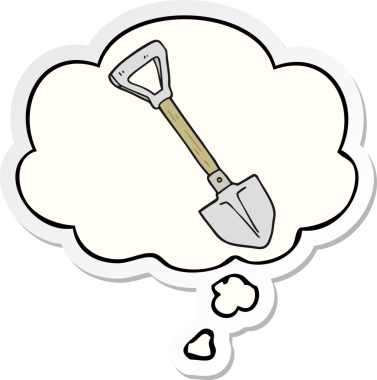 Düşünce baloncuklu çizgi film küreği insan tarafından çizilmiş bir çıkartma gibi.