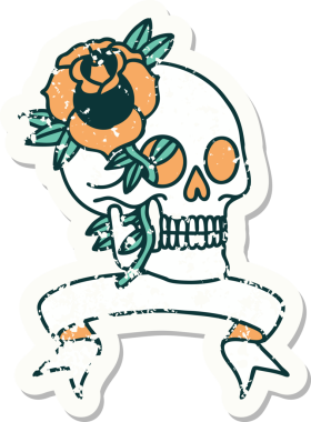 Bir insan tarafından çizilmiş kafatası ve gülü olan eski bir etiket.