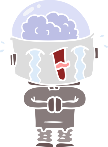 Bir insan tarafından çizilmiş düz renkli karikatür ağlayan robot.