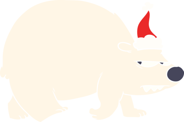 Bir insan tarafından çizilmiş Noel Baba şapkası giyen kızgın bir kutup ayısının düz renkli çizimi.