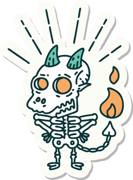 Bir insan tarafından çizilmiş bir dövme stili iskelet şeytan karakterinin çıkartması.