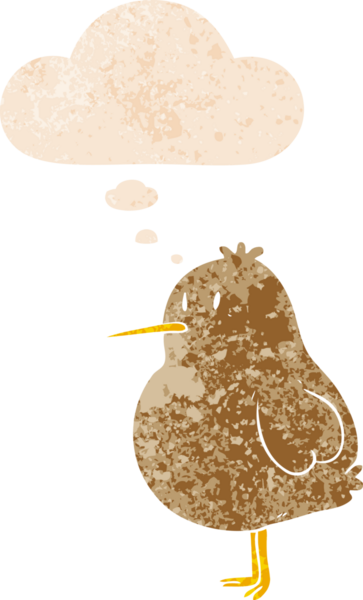 Düşünce baloncuğu ile çizgi film kivi kuşu grunge sıkıntılı retro dokuma tarzı bir insan tarafından çizilmiş