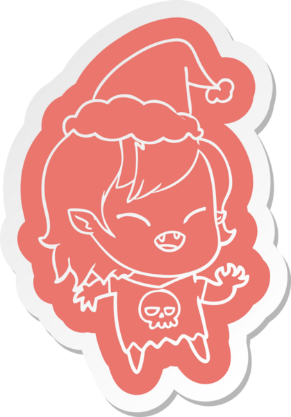 Bir insan tarafından çizilmiş Noel Baba şapkası giyen gülen vampir bir kızın garip çizgi film etiketi.