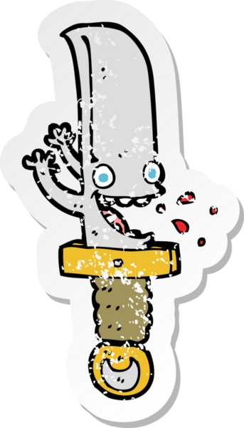 Bir insan tarafından çizilmiş çılgın bir bıçak çizgi film karakterinin gerilimli retro çıkartması.