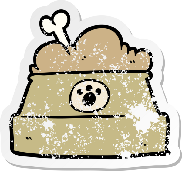 Bir insan tarafından çizilmiş köpek maması dolu çizgi film etiketi.