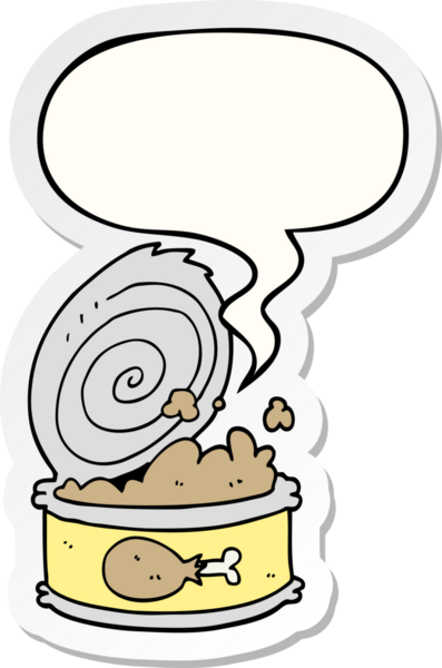 Bir insan tarafından çizilmiş konuşma kabarcığı etiketli konserve yiyecekler.