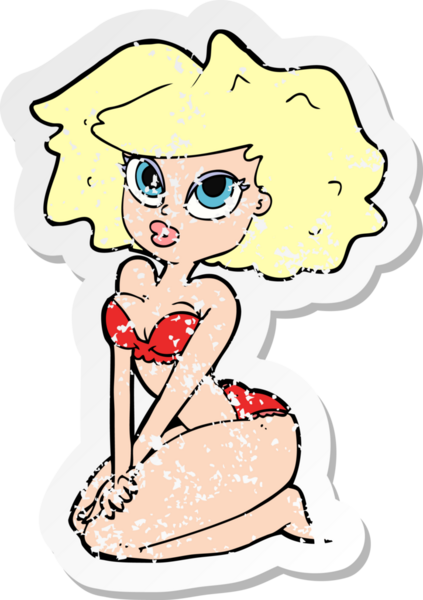 Bir insan tarafından çizilmiş bikini giyen bir karikatür kadının gerilimli retro çıkartması.