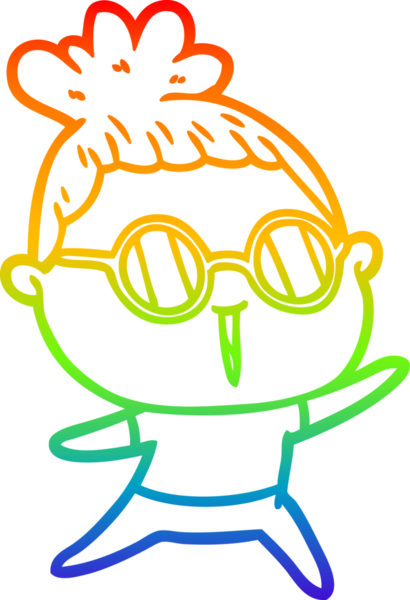 Bir insan tarafından çizilmiş gözlük takan bir karikatür kadının çizimi.