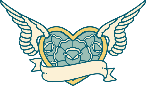 Bir insan tarafından çizilmiş çiçek ve bayrak ile uçan bir kalbin ikonik dövme görüntüsü