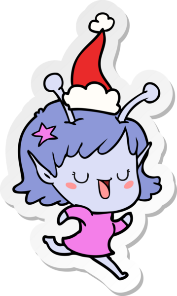 Mutlu uzaylı kız el çizimi. Bir insan tarafından çizilmiş Noel Baba şapkası.