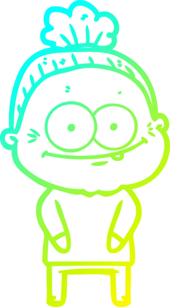 Bir insan tarafından çizilmiş, mutlu, yaşlı bir kadının çizimi.