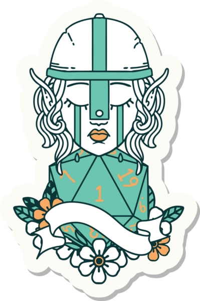 Ağlayan bir elf savaşçı karakterinin çıkartması. Doğal bir insan tarafından çizilmiş bir D20 rulo.