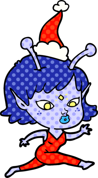 Bir insan tarafından çizilmiş Noel Baba şapkasıyla koşan uzaylı bir kızın güzel el çizimi çizgi roman tarzı çizimi.