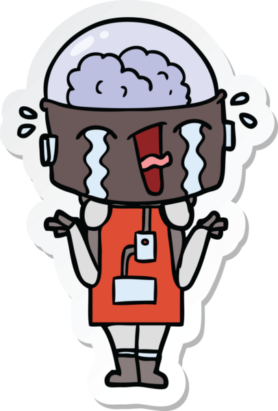 Bir insan tarafından çizilmiş, omuz silken, ağlayan bir robot çıkartması.