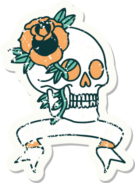 Bir insan tarafından çizilmiş kafatası ve gülü olan eski bir etiket.