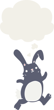 Düşünce baloncuğuyla koşan çizgi film tavşanı insan tarafından çizilmiş.