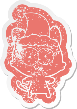 Bir insan tarafından çizilmiş Noel Baba şapkası takan şaşırmış bir kedinin garip bir karikatürü.