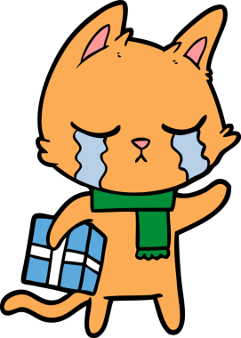 Ağlayan çizgi film kedisi elinde bir insan tarafından çizilmiş Noel hediyesini tutuyor.