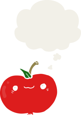 insan tarafından çizilmiş, düşünce baloncuklu çizgi film elması.