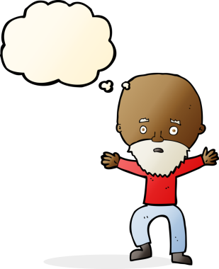 Bir insan tarafından çizilmiş düşünce baloncuğuyla panikleyen yaşlı bir adam.