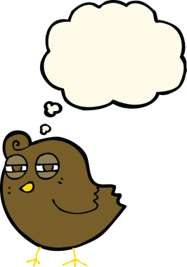 Bir insan tarafından çizilmiş düşünce baloncuklu komik çizgi film kuşu.