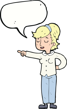 Bir insan tarafından çizilmiş konuşma balonuyla işaret eden karikatür dostu kadın.