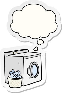 İnsan tarafından çizilmiş bir çıkartma olarak düşünce baloncuklu çizgi film çamaşır makinesi.