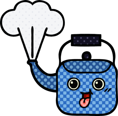 Bir insan tarafından çizilmiş dumanı tüten bir çaydanlığın çizgi romanı.