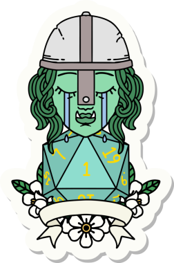 Ağlayan bir Ork savaşçı karakterinin çıkartması. Bir insan tarafından çizilmiş doğal bir D20 rulosu var.