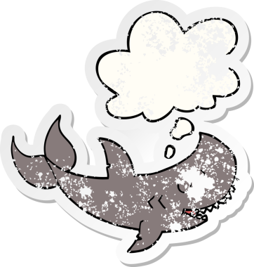 İnsan tarafından çizilmiş yıpranmış bir çıkartma gibi düşünce balonu olan çizgi film köpekbalığı.