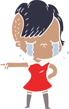 Düz renkli çizgi film karakteri, bir insan tarafından çizilmiş ağlayan kız.