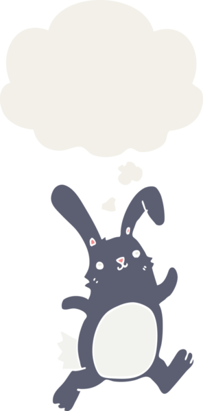 Düşünce baloncuğuyla koşan çizgi film tavşanı insan tarafından çizilmiş.