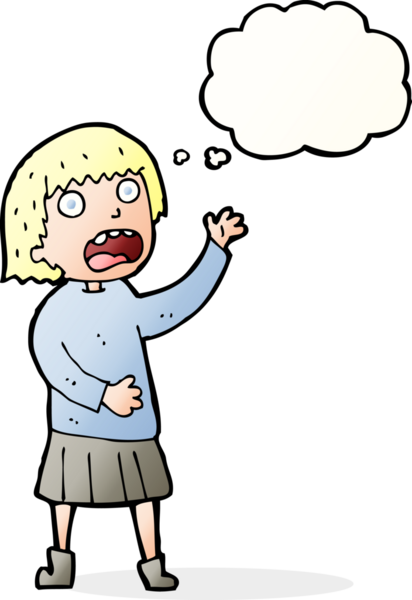 Karikatür, bir insan tarafından çizilmiş düşünce balonlu kadını strese sokuyor.