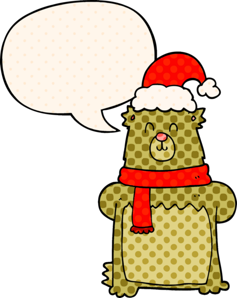 Çizgi roman tarzında bir insan tarafından çizilmiş, noel şapkalı, konuşma baloncuklu bir ayı.