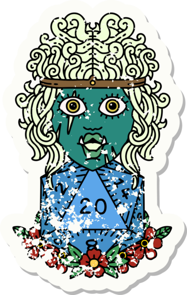 Retro Dövme Tarzı Ork barbarlığı. Bir insan tarafından çizilmiş doğal yirmi zar.