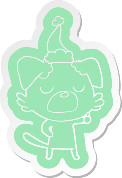 Bir insan tarafından çizilmiş Noel Baba şapkası takan bir köpeğin garip karikatür çıkartması.