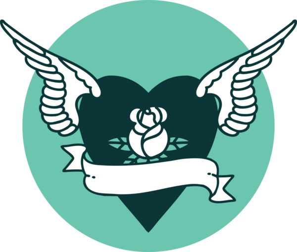 Kanatlı kalbin ikonik dövmesi. Bir insan tarafından çizilmiş gül ve bayrak.