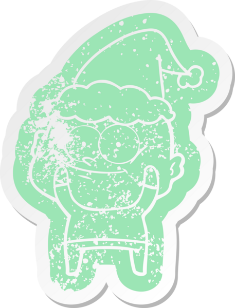 Garip bir çizgi film, bir insan tarafından çizilmiş Noel Baba şapkası takan kel bir adamın çıkartması.