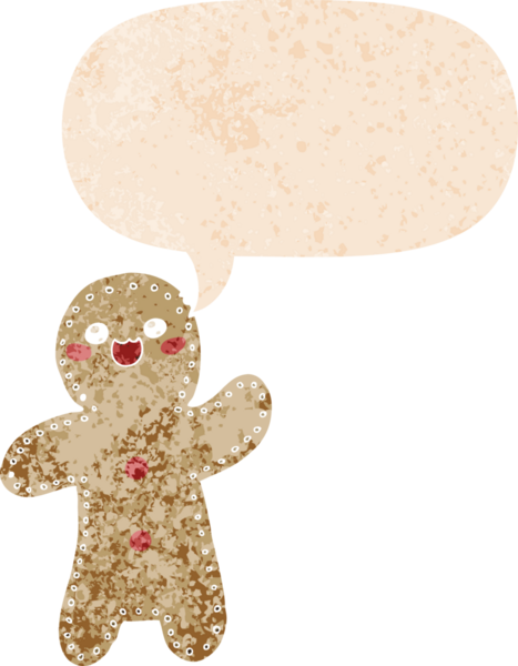 Zencefilli kurabiye adam grunge içinde konuşma baloncuğu bir insan tarafından çizilmiş sıkıntılı retro dokuma tarzı