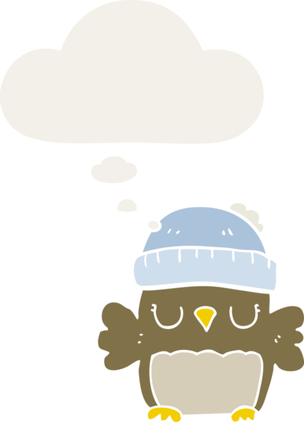 Şapkalı şirin bir baykuş. Düşünce baloncuğu insan tarafından çizilmiş.