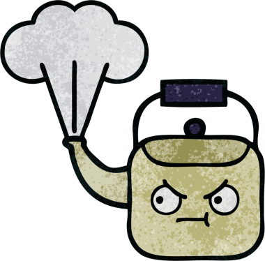 Bir insan tarafından çizilen dumanı tüten bir çaydanlığın retro grunge desenli karikatürü