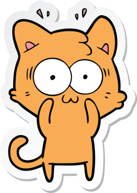 Bir çizgi film çıkartması. Bir insan tarafından çizilmiş, şaşırmış bir kedi.